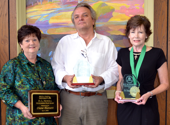 From left, 2012 H.L. Nowell Outstanding Staff award winner Diane W. Blansett and 2012 S.E. Kossman Outstanding Faculty winners James O. Brown and Dr. Paula A. Norris.